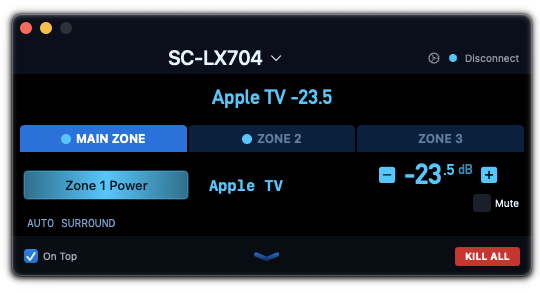 Magic AV Remote main window controlling a Pioneer or Onkyo home-theater receiver on macOS